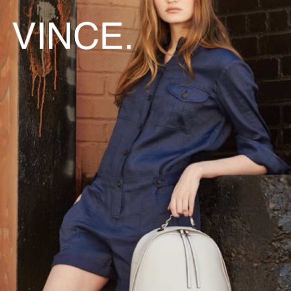 Vince Pants - VINCE blue linen romper shorts painter jumpsuit 10